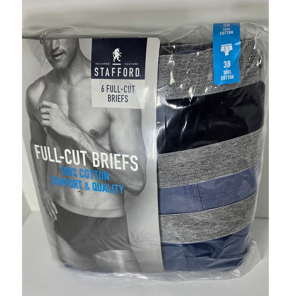 Stafford Mens 6 Pack Full-Cut Briefs 100% Cotton Blue Grey Size 38 Underwear